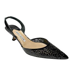 Manolo Blahnik Black Laser-Cut Slingback Kitten Heels